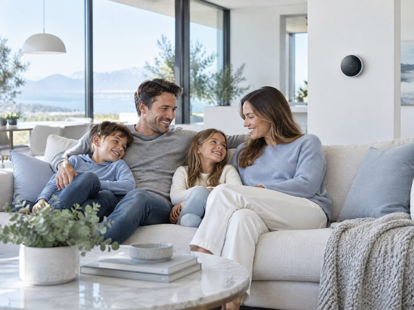 Family relaxing in a cool, comfortable living room — concept website imagery